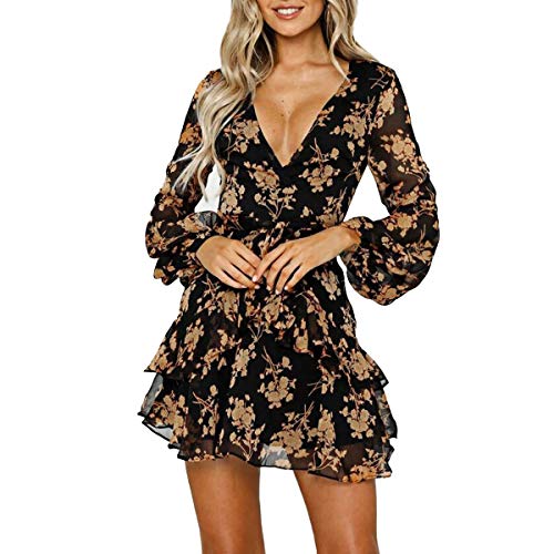 Vestidos de Mujer Vestido Floral con Volantes Casual Vestido Cruzado Manga Larga Columpio Plisado Vestido Mini Patinador (Color : Yellow, Size : XL) Vestidos de Mujer Vestido Floral con Volantes Casual Vestido Cruzado Manga Larga Columpio Plisado Vestido Mini Patinador (Color : Yellow, Size : XL)