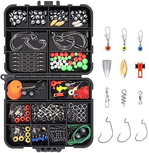 Vicloon 191pcs Anzuelos de Pesca, Accesorios de Pesca con Caja de Pesca, Incluye Pesas de Plomada, Emerillones e Imperdibles, Diapositivas de Plomada, Anzuelos, Kit de Caja de Aparejos de Pesca