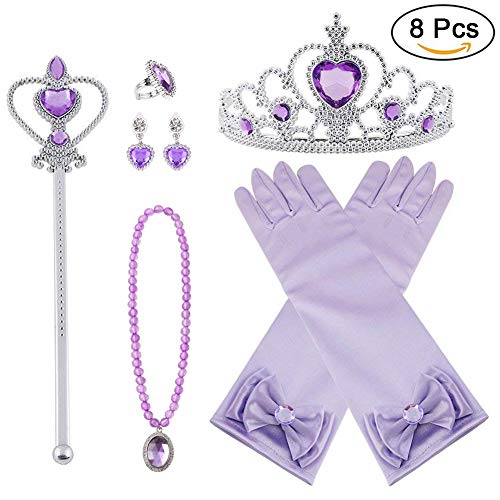 Vicloon Princesa Vestir Accesorios 8 Pcs Regalo Conjunto de Belleza Corona Anillo Sceptre Collar Pendientes Guantes para Niña (Violeta)