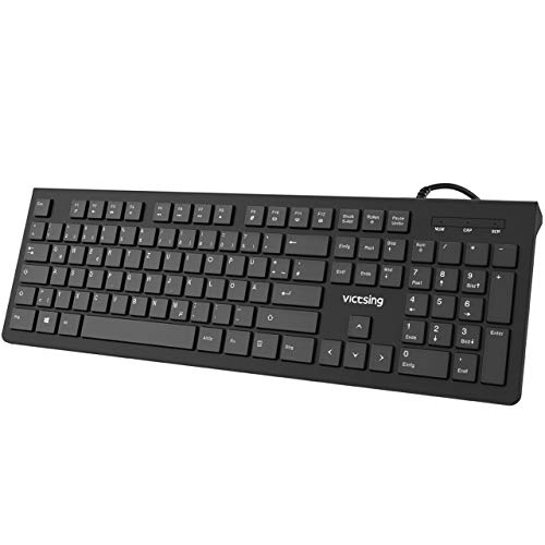 VicTsing – Teclado USB, 105 Teclas chiclet PC Teclado, QWERTZ Disposición Alemana, Wired Teclado USB 2.0/Diseño ergonómico, Cable de 1,5 m Office Keyboard para Windows 98/XP/7/8/10/Vista, Mac, Negro