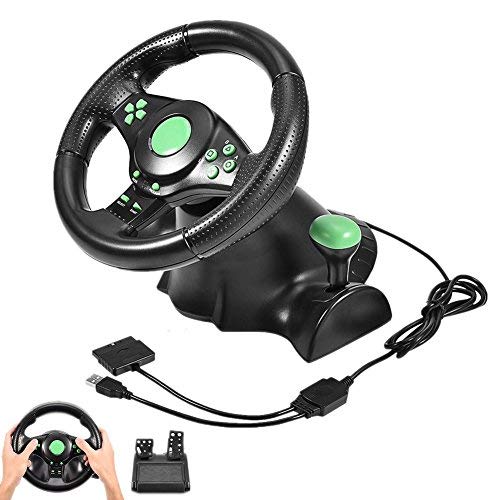 Volantes Racing Simulator con 2 pedales de retroalimentación de vibración, anillo giratorio de 26 cm de diámetro Mango antideslizante, ángulo de rotación de 180 °, adecuado para Xbox 360, PS2 PS3/PC