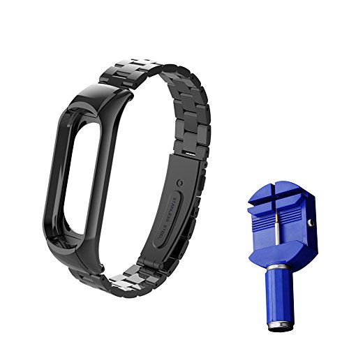 WANFEI Pulsera Xiaomi Mi Band 3 Correa, Band 3 Correa de Metal Pulseras de Repuesto Correa de Recambio Brazalete Extensibles para Xiaomi Mi Band 3 (No Sensor/No Host) (Negro)