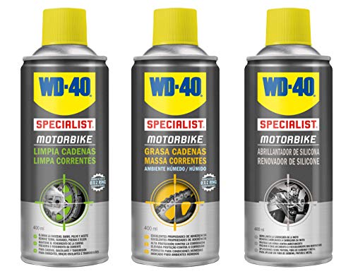 WD-40 Motorbike – Lote cuidado y mantenimiento cadena y acabado y brillo del carenado con Spray Limpiacadenas 400Ml + Grasa de Cadenas 400Ml + Abrillantador de Silicona 400Ml - Pack 3 unidades