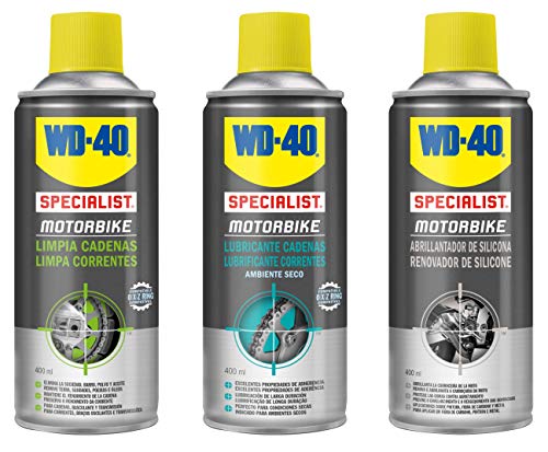 WD-40 Motorbike – Lote cuidado y mantenimiento de la cadena y brillo del carenado con Spray Limpiacadenas 400Ml + Lubricante de Cadenas 400Ml + Abrillantador de Silicona 400Ml - Pack 3 unidades WD-40 Motorbike – Lote cuidado y mantenimiento de la cadena y brillo del carenado con Spray Limpiacadenas 400Ml + Lubricante de Cadenas 400Ml + Abrillantador de Silicona 400Ml - Pack 3 unidades