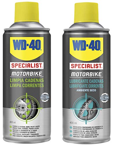 WD-40 Specialist Motorbike - Lote para cuidado y mantenimiento de cadena moto con Spray Limpiacadenas 400Ml + Lubricante de Cadenas 400Ml - Pack 2 unidades