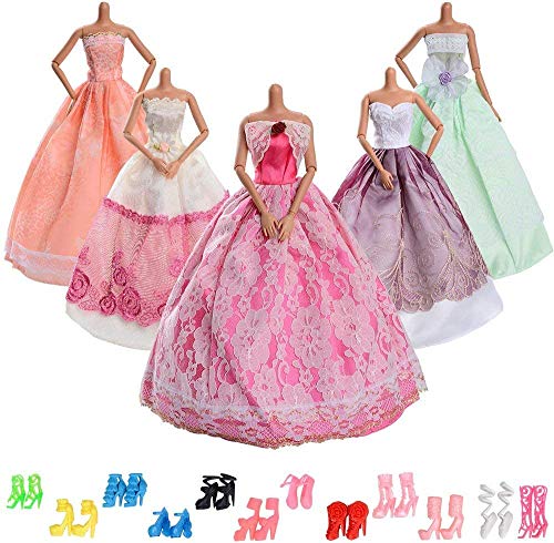 WENTS Ropa y Zapatos para Muñeca Barbie 5 Piezas Moda Vestido de Novia Grande y 10 Pares de Zapatos para Regalo Niña WENTS Ropa y Zapatos para Muñeca Barbie 5 Piezas Moda Vestido de Novia Grande y 10 Pares de Zapatos para Regalo Niña