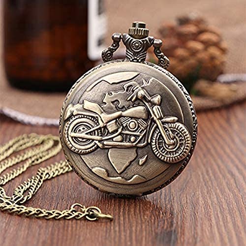 Wghz Reloj de Bolsillo Vintage Antiguo Tallado Motocicleta Steampunk Reloj de Bolsillo de Cuarzo Retro Bronce Mujeres Hombres Collar Colgante Reloj con Cadena de Juguete