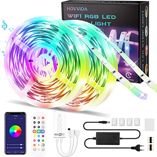 WiFi Tiras LED 20M RGB Música, Compatible con Alexa y Google Home HOVVIDA Luces de Tiras LED 5050 12V para Habitación, Controladas por APP, IR Control Remoto y Controlador, 16 Milliones de Colores WiFi Tiras LED 20M RGB Música, Compatible con Alexa y Google Home HOVVIDA Luces de Tiras LED 5050 12V para Habitación, Controladas por APP, IR Control Remoto y Controlador, 16 Milliones de Colores