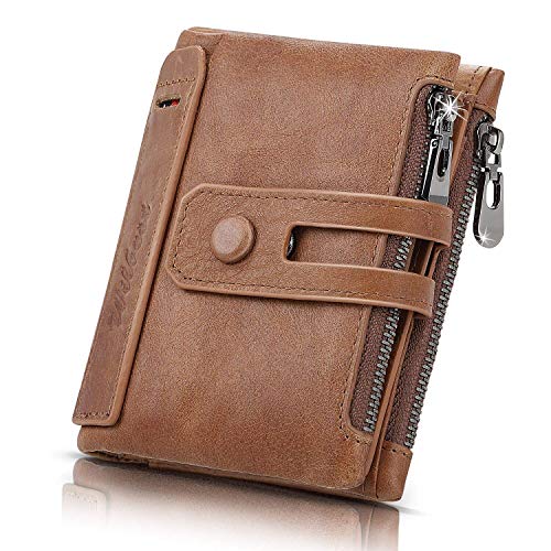 wilbest® Cartera Hombre con Monedero, Cartera Hombre Cuero, Cierre de 2 Botones, 19 Ranuras para Tarjetas ID, SIM, SD, 2 Compartimentos para Billetes, 2 Bolsillos para Monedas, Caja de Regalo (Marrón)