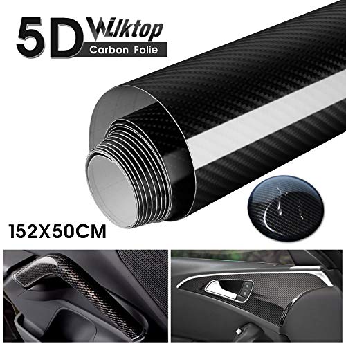 Wilktop Lámina de 5D Carbono, Lámina de Coche de Vinilo Adhesivo Acabado Alta Brillante Fibra de Carbono 5D Automóvil de Lámina de Coche de 0.16mm (152 x 50cm) Negro