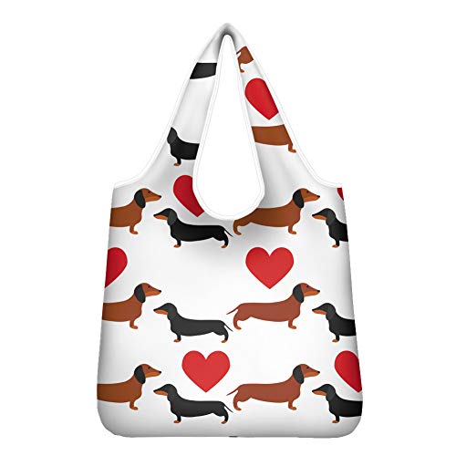 Woisttop Bolsa de compras plegable con forma de corazón de perro salchicha, reutilizable, respetuosa con el medio ambiente, bolsa de comestibles para mujeres y familias