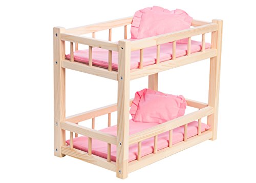 WOODTASTIC Litera de Madera para Muñecas Bebé de hasta 36 cm, con Juego de Cama de Lino Color Rosa