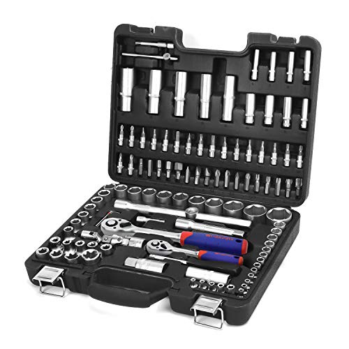 WORKPRO 108 Piezas Juego de Vasos para Llaves Carraca 1/2 y 1/4 Pulgada,Juego de Llaves de Vaso Cr-V, incluye Llave de Trinquete,Ideal para bricolaje, reparación de automóviles o trabajos mecánicos WORKPRO 108 Piezas Juego de Vasos para Llaves Carraca 1/2 y 1/4 Pulgada,Juego de Llaves de Vaso Cr-V, incluye Llave de Trinquete,Ideal para bricolaje, reparación de automóviles o trabajos mecánicos