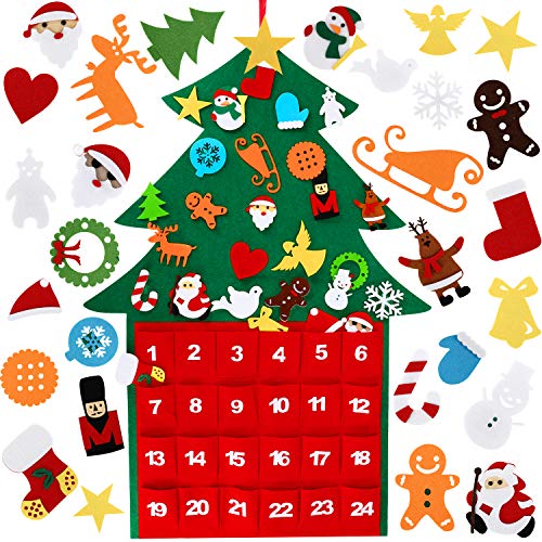 WOSTOO Árbol de Navidad de Fieltro,DIY Fieltro Árbol de Navidad Bolsillo de Calendario Árbol de Navidad con 29 Adornos Desmontables Niños
