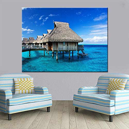 wZUN Cuadro de Lienzo de impresión HD océano Azul océano Tropical Isla cabaña Cartel hogar Pared Arte decoración 50x70 cm