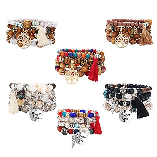 YADOCA 6 Conjuntos Pulseras Bolas para Mujeres Niñas Brazaletes Multicapa Borlas Elásticas Pulseras Encantado Lote Boho Pulseras Mujer