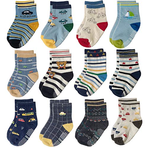 Yafane 12 Pares de Calcetines Antideslizantes para Niños Pequeños Algodón Lindo con Puños Calcetines Antideslizantes para Bebés (Color B, 5-7 años)