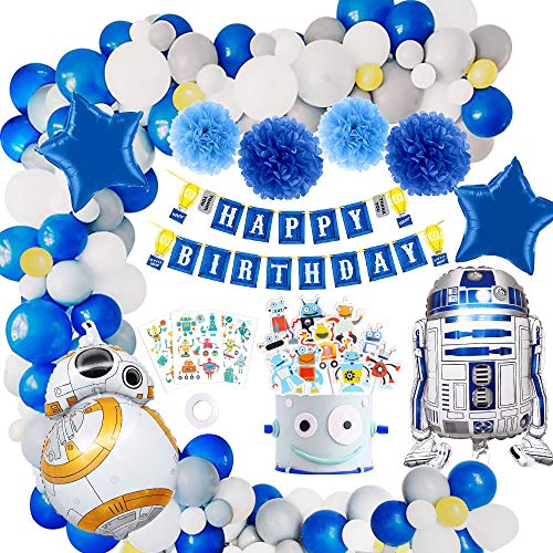 Yansion MMTX Globos Cumpleaños de Niño, Cumpleaños de Decoraciones Robot Tema Fiesta de Cumpleaños, Globos de Robot Azul Feliz Cumpleaños Banner Cake Topper para Niño Cumpleaños Baby Shower