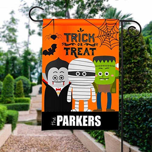 Yilooom Happy Halloween Personalized Trick Or Treat Dracula Mummy Frankenstein Holiday Garden Flag Yard Sign Decor Decoration Custom Banner W Name 28 X 40 Inch