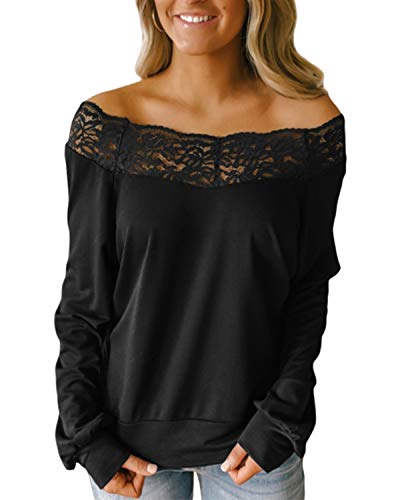 YOINS Camisa para Mujer Invierno Manga Larga Camisas de Encaje con Hombros Descubiertos Blusa Informal B-Negro XL