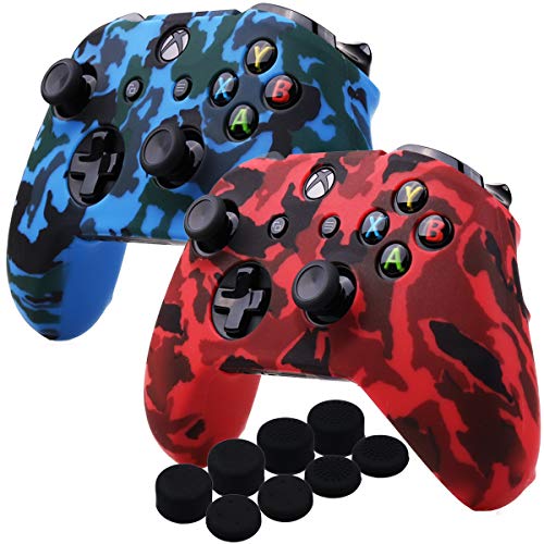 YoRHa Agua Transferir Impresión Camuflaje Silicona Cubrir la piel Caso para Xbox One X / One S controlador [Después del modelo 8.2016] x 1 (rojo & azul) Con empuñaduras PRO x 8