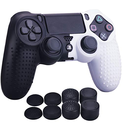 YoRHa Tachonado Puntos Silicona Caucho Gel Personalizando Cubrir Fundas Cover para Sony PS4/Slim/Pro Mando x 1 (Negro&Blanco) Con Pro Asideros Thumb Grips x 8