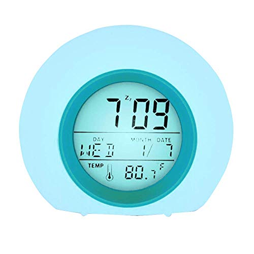 YUES Reloj Despertador Digital para niños con Calendario y termómetro,7 Colores Cambio de luz con Control táctil Junto a la Cama (Azul)