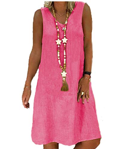 Yutila - Vestido de lino para mujer, para verano, cuello de pico, vestido informal bohemio Rosa B-Rose. L Yutila - Vestido de lino para mujer, para verano, cuello de pico, vestido informal bohemio Rosa B-Rose. L