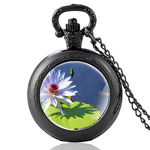 ZDANG Reloj de Bolsillo de Cuarzo Vintage Negro con diseño de Loto único, Reloj Colgante para Hombres y Mujeres, Regalos de cúpula de Cristal con Encanto M