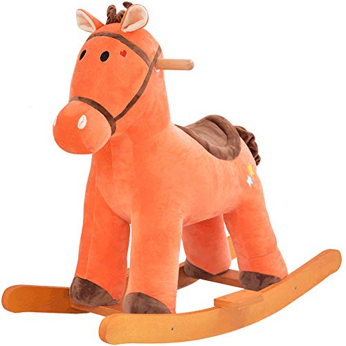 ZhaoXH Caballo Mecedora de Madera para niños de 1 a 3 años, Silla de balancín de Peluche marrón con música (35 rimas Infantiles) Capacidad de Carga 70kg, Juguetes de educación temprana para bebés