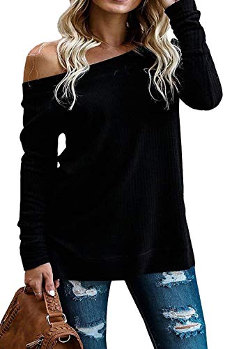 Zonsaoja Jersey Tejido con Hombros Descubiertos para Mujer Negro S Zonsaoja Jersey Tejido con Hombros Descubiertos para Mujer Negro S