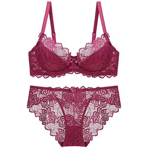 zysymx Sujetador de Pecho Grande de Verano Transpirable Ultra-Delgado Conjunto de algodón Taza de Encaje Ropa Interior de Gran tamaño Mujer Vino Rojo 80A + L Ropa Interior