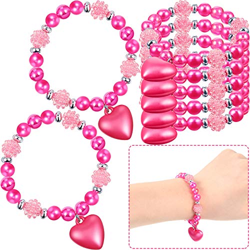 10 Piezas Pulseras de Cuentas de Niñas de San Valentín Pulseras de Chicle Linda Gruesa con Colgante Corazón Rosa para Fiesta Disfraces Accesorios Fotos Cumpleaños