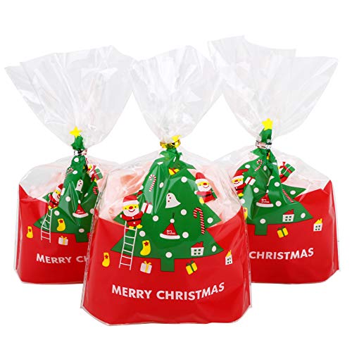100 Bolsas Regalos Navidad 22 x 16cm Bolsas Navideñas de Plástico con Lazos Decoración Fiesta de Navidad para Caramelos Dulce Chuches Galletas Regalos de Fiesta