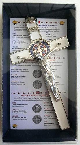 10.004.11. Cruz de plata blanca de San Benito de 20 cm, esmaltada, con caja de regalo, para sacerdotes, monjas, iglesias y exorcismos