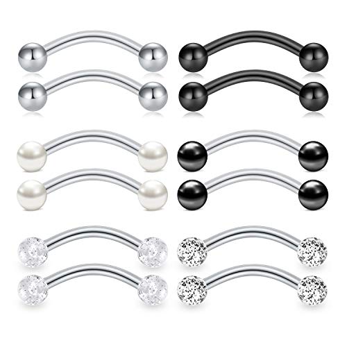 12 Piezas Barbell Curvado 14G Acero Quirurgico Piercing Ceja Snake Lengua Ombligo Anillo Barra Joyería del Cuerpo 14MM 16MM