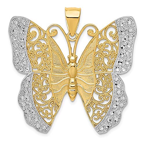 14ct dos-tono sólido D-corte diseño de filigrana de flores colgante de mariposa mide - mide 37,1 x 37 mm - JewelryWeb