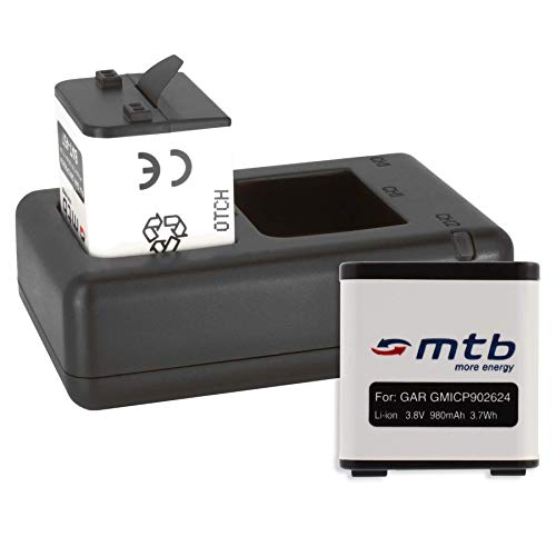 2 Baterías + Cargador Doble (USB) para cámara Deportiva Garmin Virb X/Virb XE Actioncam [980 mAh / 3.8V / Li-Ion] - Contiene Cable Micro USB