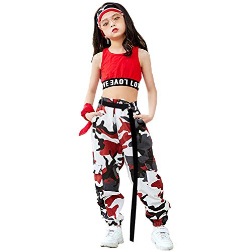 2 Piezas Niñas Hip Hop Street Dance Ropa Individual Juego Crop Tank Top + Camuflaje Pantalones Basculador