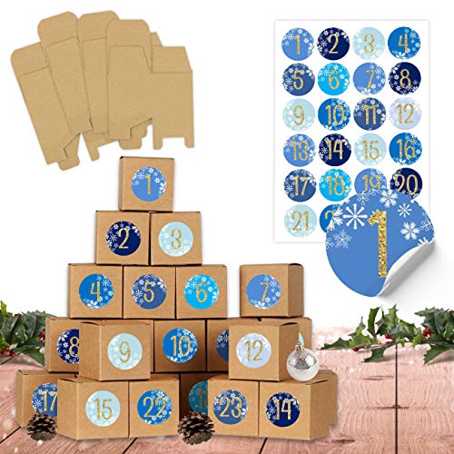24 cajas para rellenar el calendario de Adviento, 24 cajas para manualidades, color azul, marrón natural, cajas de cartón de 400 g/m² para colocar y decorar, 24 cajas reutilizables para Navidad