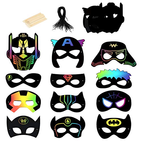 24 hojas Scratch Art Máscaras,SEELOK Papel de Rascar Superhéroes DIY Masks Superhombre Dibujo Scratch Láminas Suministros de Fiesta de Superhéroes Disfraces Cosplay Regalo para Niños