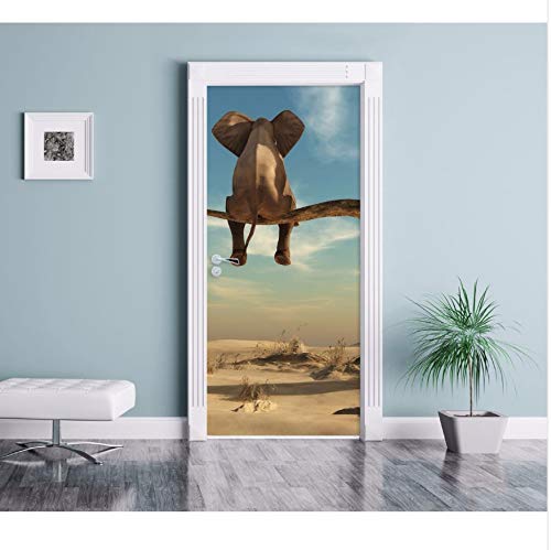 3D Elefante Relájese En El árbol Etiqueta Puerta Para Dormitorio Sala de estar Regalo Pvc Impermeable Puerta Decal Wrap 77x200Cm Etiqueta De La Puerta