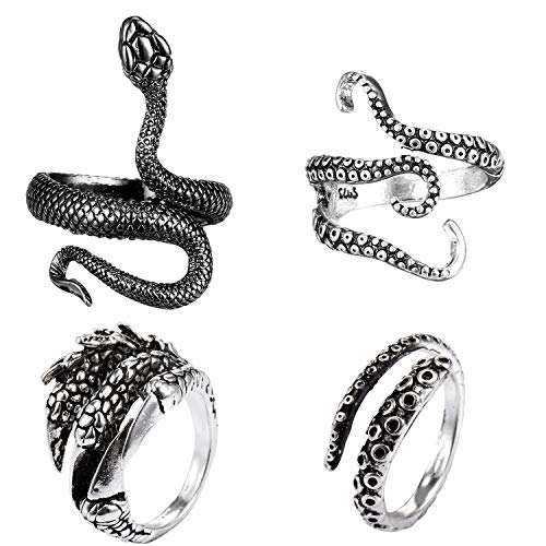 4 Piezas Anillos de Punk Vintage Anillo Ajustable de Acero Inoxidable de Pulpo Dragón Serpiente (Pulpo de Triple Tentáculo, Pulpo de Tentáculo Único, Garra de Dragón, Serpiente)