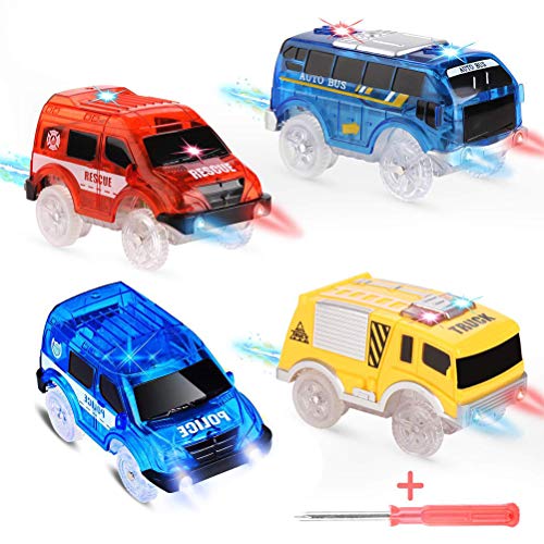 4 piezas Track Cars Toy Cars Glow in The Dark Compatible con la mayoría de las pistas Light Up Reemplazo de juguetes para automóviles, la mayoría de las pistas de carreras para niños Niños Niñas