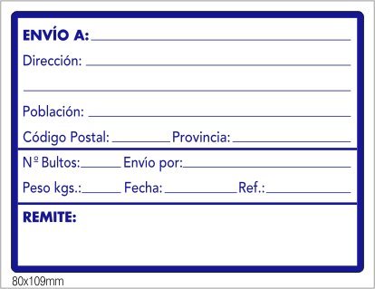 500 Etiquetas de ENVIO/DESTINO, para enviar documentos o paquetería en papel blanco e impresas en azul, tamaño 109x80 mm. 500 etiquetas por rollo. 500 Etiquetas de ENVIO/DESTINO, para enviar documentos o paquetería en papel blanco e impresas en azul, tamaño 109x80 mm. 500 etiquetas por rollo.