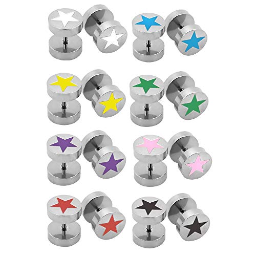 8 Pares pendientes aretes piercing plug falso túnel Fakeplugs estrella blanco rosa amarillo rojo lila verde azul negro 10 mm