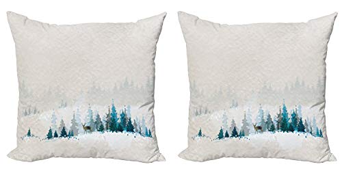 ABAKUHAUS Navidad Set de 2 Fundas para Cojín, Arte de la Acuarela de árboles de Pino, con Estampado en Ambos Lados con Cremallera, 60 cm x 60 cm, Blanco Azul