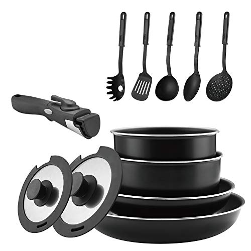 Abizoe Juego de utensilios de cocina de acero inoxidable de 12 piezas, sartenes antiadherentes y ollas con asas extraíbles, eficiente almacenamiento, excelente para caravanas y cocinas compactas negro Abizoe Juego de utensilios de cocina de acero inoxidable de 12 piezas, sartenes antiadherentes y ollas con asas extraíbles, eficiente almacenamiento, excelente para caravanas y cocinas compactas negro