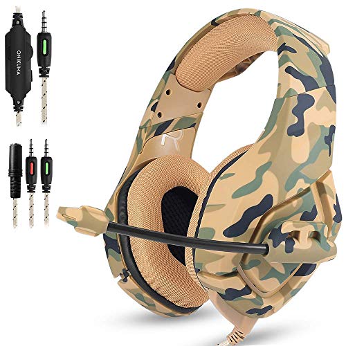 AFUNTA Auriculares Gaming para PS4 Nuevo Xbox One PC Mac, ONIKUMA Over Ear Auriculares de 3.5mm con micrófono Cancelación de Ruido Deep Bass Estéreo Surround para Juego Camuflaje