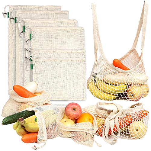 AivaToba Verduras Sacos Producir Bolsas Malla Algodón Reutilizable Lavable Red Muselina Bolsas ecológicas con cordón para Alimentos de Frutas,8 Paquetes